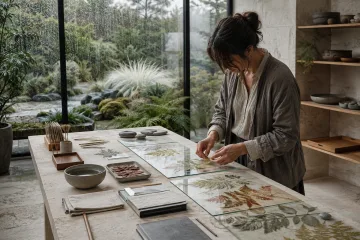 Anonymous botanical curator arranging translucent preserved leaves between glass plates at a pale limestone table inside a rain-lit contemporary conservatory.