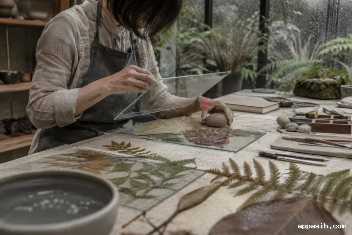 Close three-quarter environmental portrait of an anonymous botanical curator lifting a glass plate above translucent preserved leaves on a limestone worktable in a rainy conservatory.