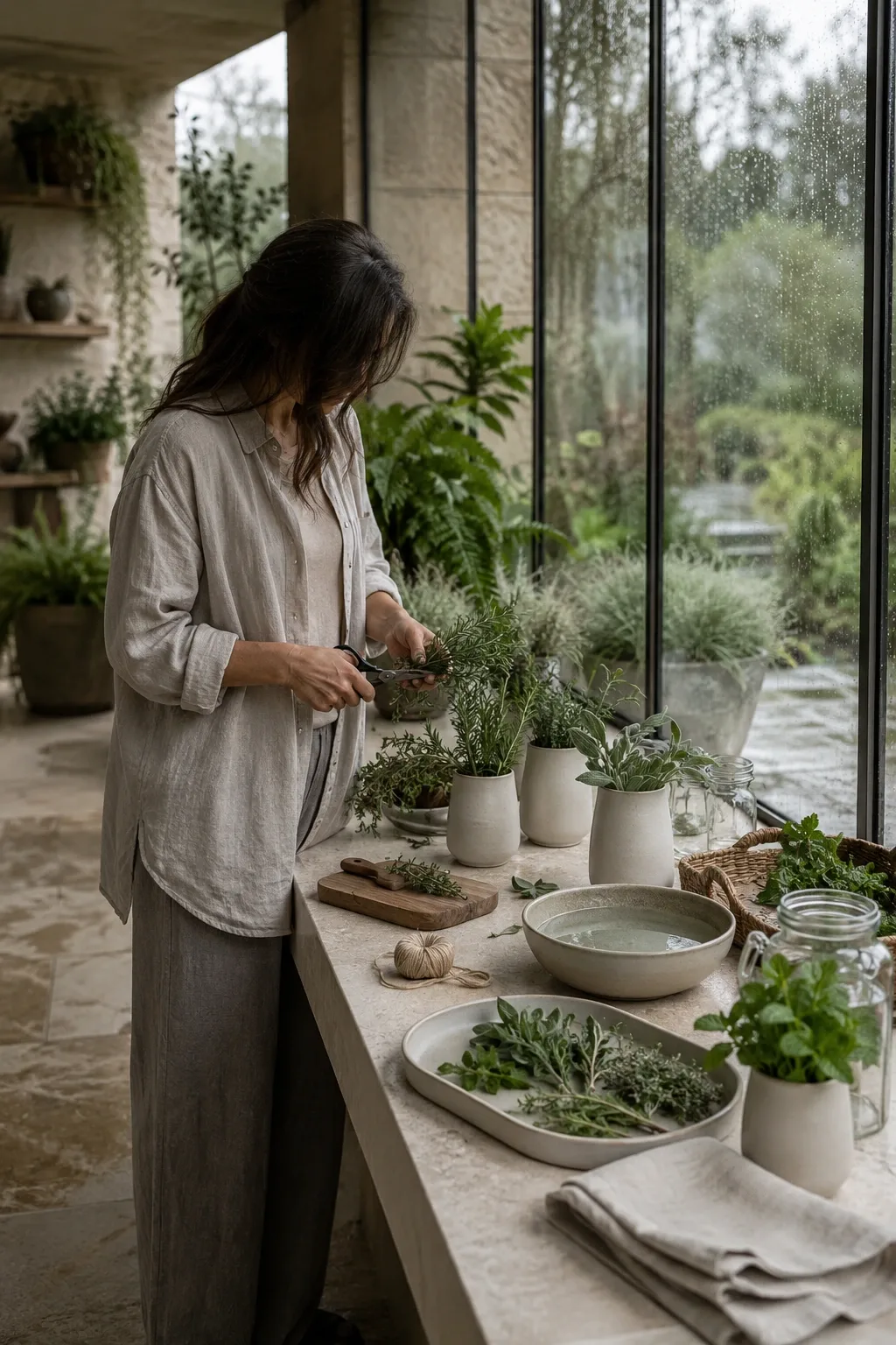 Anonymous adult refreshing bundles of culinary herbs at a pale limestone counter beside rain-beaded conservatory windows during a calm overcast morning.