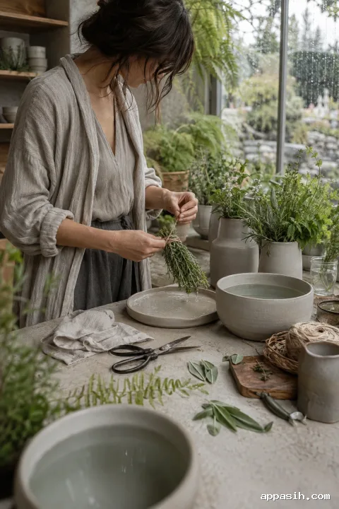 Close three-quarter portrait view of an anonymous adult tying a freshly trimmed culinary herb bundle beside a limestone counter in a rain-beaded garden conservatory.