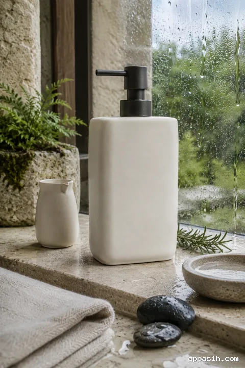 Close three-quarter view of an unbranded off-white ceramic hand wash dispenser with charcoal pump on wet pale limestone, framed by a soft cloth, stone soap dish, pebbles, rain-beaded glass, and garden foliage.