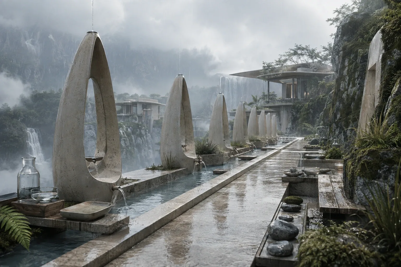 Wide futuristic rainwater research causeway with pale ceramic resonance arches overlooking a misty mountain basin during an overcast morning shower.