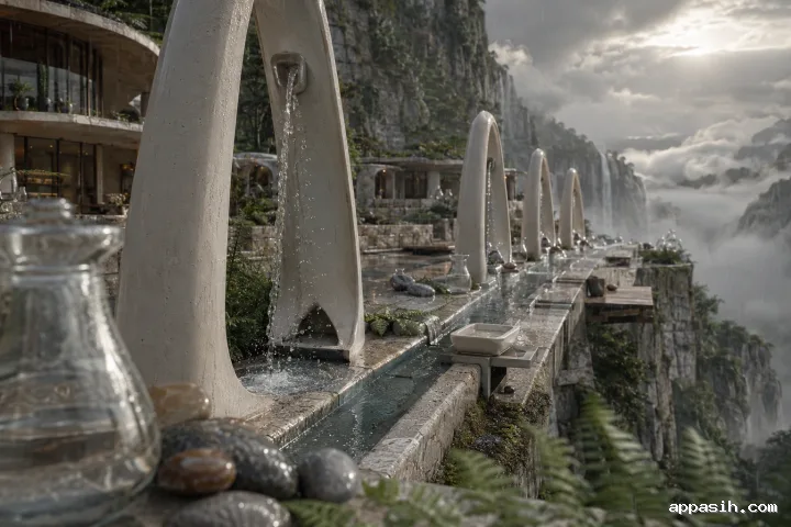 Closer low three-quarter view of a futuristic rainwater causeway where ceramic resonance arches channel rainfall above a mist-filled mountain basin.