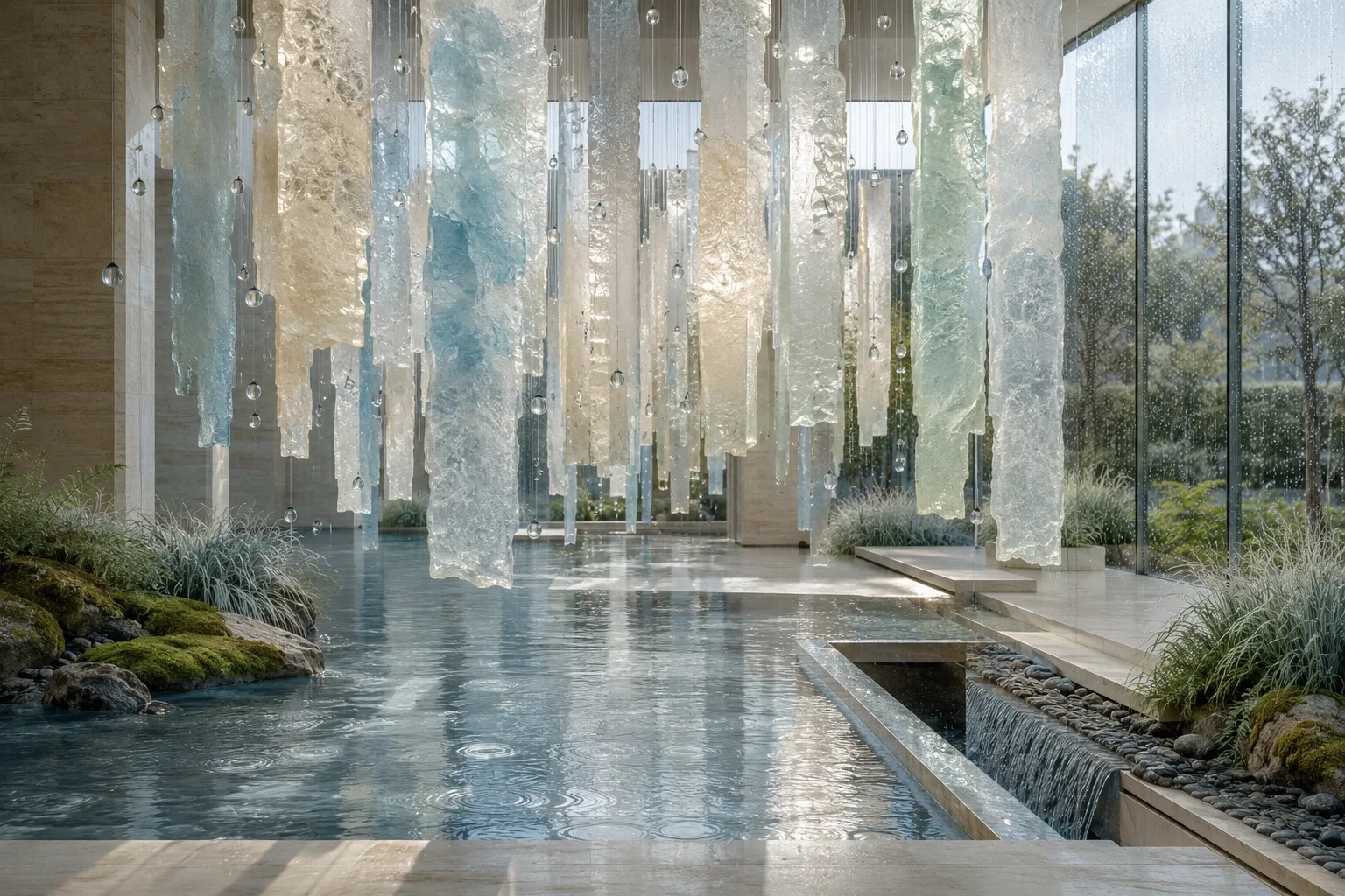 Abstract translucent mineral-glass fins suspended above a shallow reflecting basin inside a rain-washed limestone atrium.