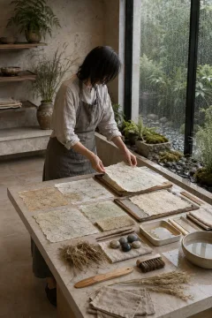 Anonymous paper fiber conservator arranging translucent handmade botanical sheets at a pale limestone worktable inside a rain-lit contemporary conservatory.