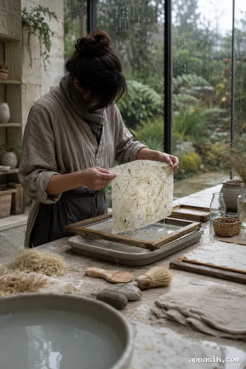 Closer three-quarter portrait of an anonymous paper fiber conservator lifting a translucent handmade botanical sheet above a ceramic water tray in a rain-lit limestone conservatory.