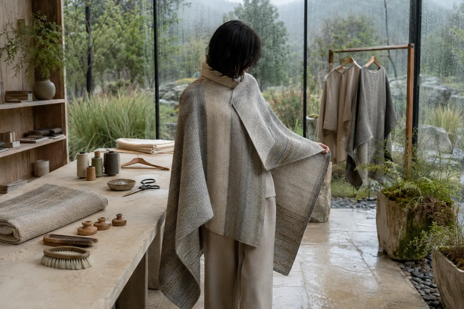Anonymous model wearing an asymmetric handwoven cape in warm neutral tones inside a rain-beaded limestone conservatory fashion atelier.
