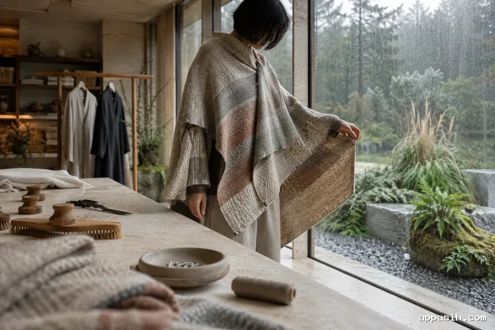 Closer three-quarter view of an anonymous model lifting the layered edge of a sculptural handwoven cape inside a rain-washed conservatory tailoring atelier.