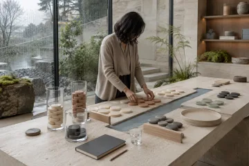 Anonymous treasury professional arranging unmarked ceramic liquidity markers on a limestone allocation table inside a rain-washed glass atrium.