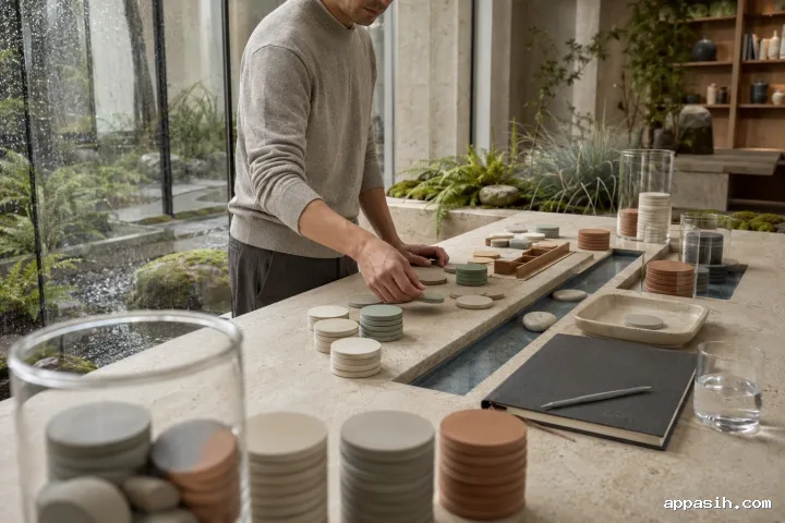 Closer low three-quarter view of an anonymous treasury professional placing a pale-sage allocation disc on a tactile finance planning table inside a rainy limestone atrium.