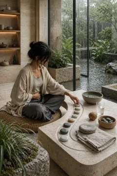 Anonymous adult practicing mindful breathing with smooth ceramic pebbles in a serene rain-lit limestone conservatory wellness atrium.