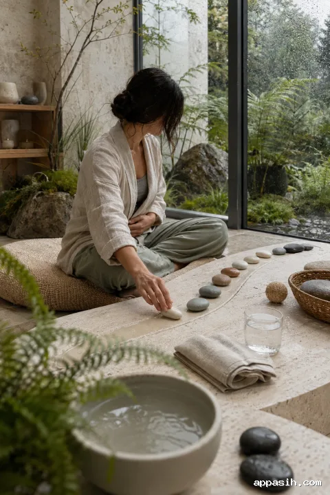 Closer three-quarter view of an anonymous adult gently rolling a ceramic meditation pebble during mindful breathing in a rain-washed limestone conservatory.