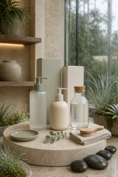 Portrait display of blank refillable hand-wash bottles, refill carafe, and unmarked cartons on a pale limestone pedestal inside a rainy glass conservatory.