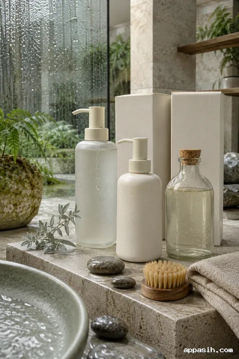 Close three-quarter portrait view of blank refillable hand-wash vessels, clear refill carafe, and textless cartons with condensation and wet natural details inside a rainy limestone conservatory.