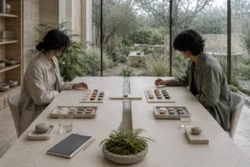 Two anonymous professionals stand on opposite sides of a limestone table where ceramic tokens cross a narrow stone bridge, symbolizing coordination gaps in a rain-lit conservatory.