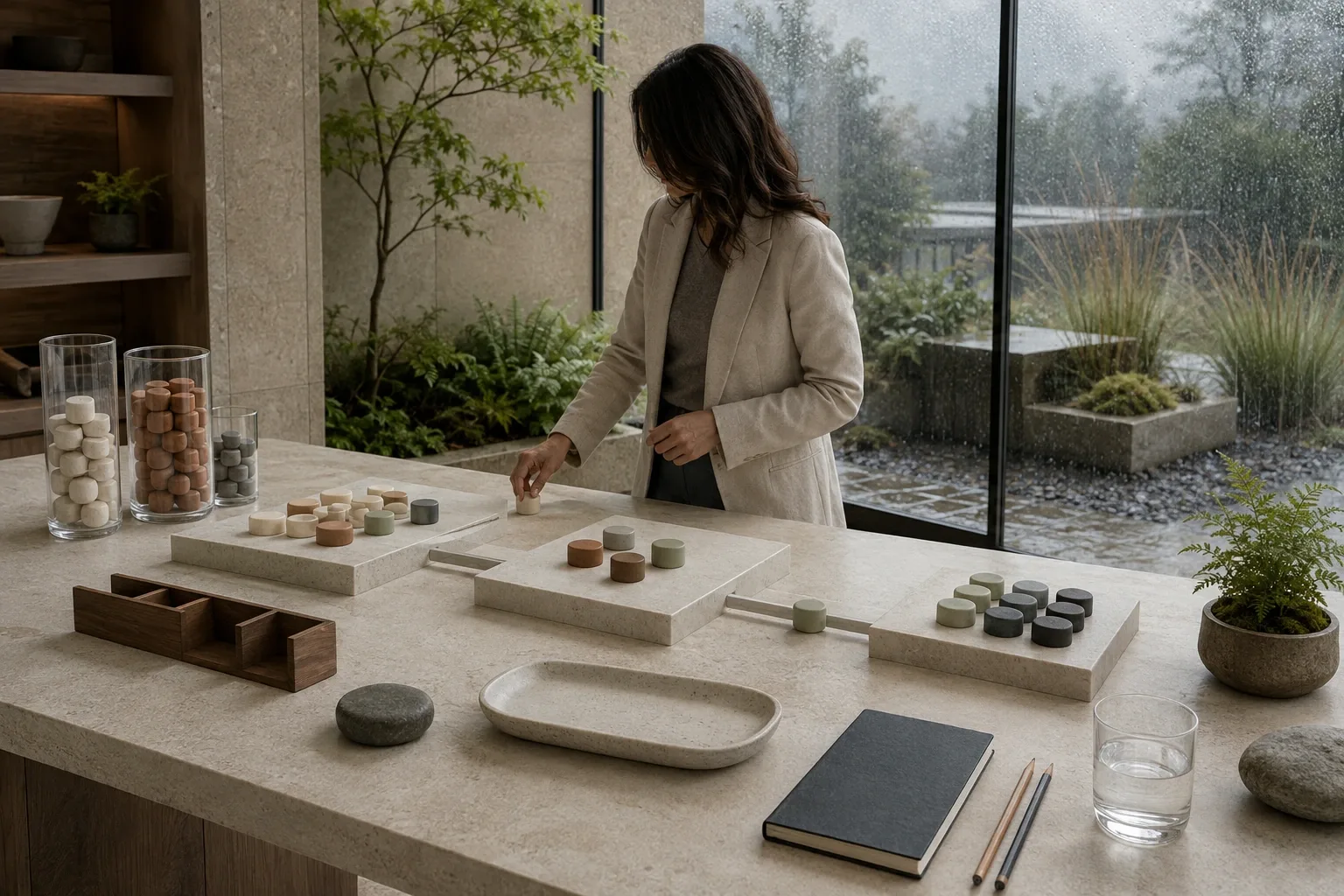 Anonymous finance professional arranging blank ceramic markers across three stepped limestone stages representing working-capital timing inside a rainy glass conservatory.