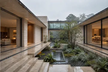 Contemporary pale-limestone residence surrounding a rain-fed sunken garden courtyard with glass bridge, reflective water channel, ferns, grasses, and wet stone surfaces during an overcast morning shower.