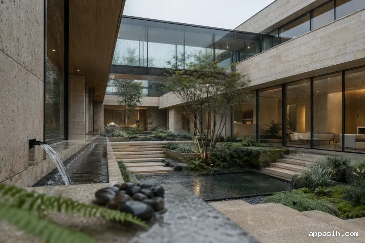 Closer low three-quarter view of a contemporary pale-limestone residence and rain-fed sunken garden courtyard, with glass bridge, wet stone steps, ferns, reflective basin, and rainwater flowing from an integrated roof scupper.