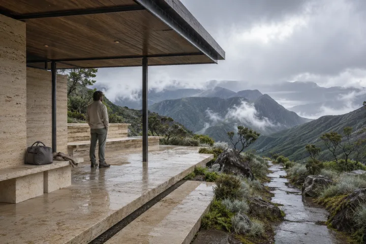 Anonymous traveler beneath a pale limestone mountain pavilion overlooking misty volcanic highlands during a gentle rainy morning.