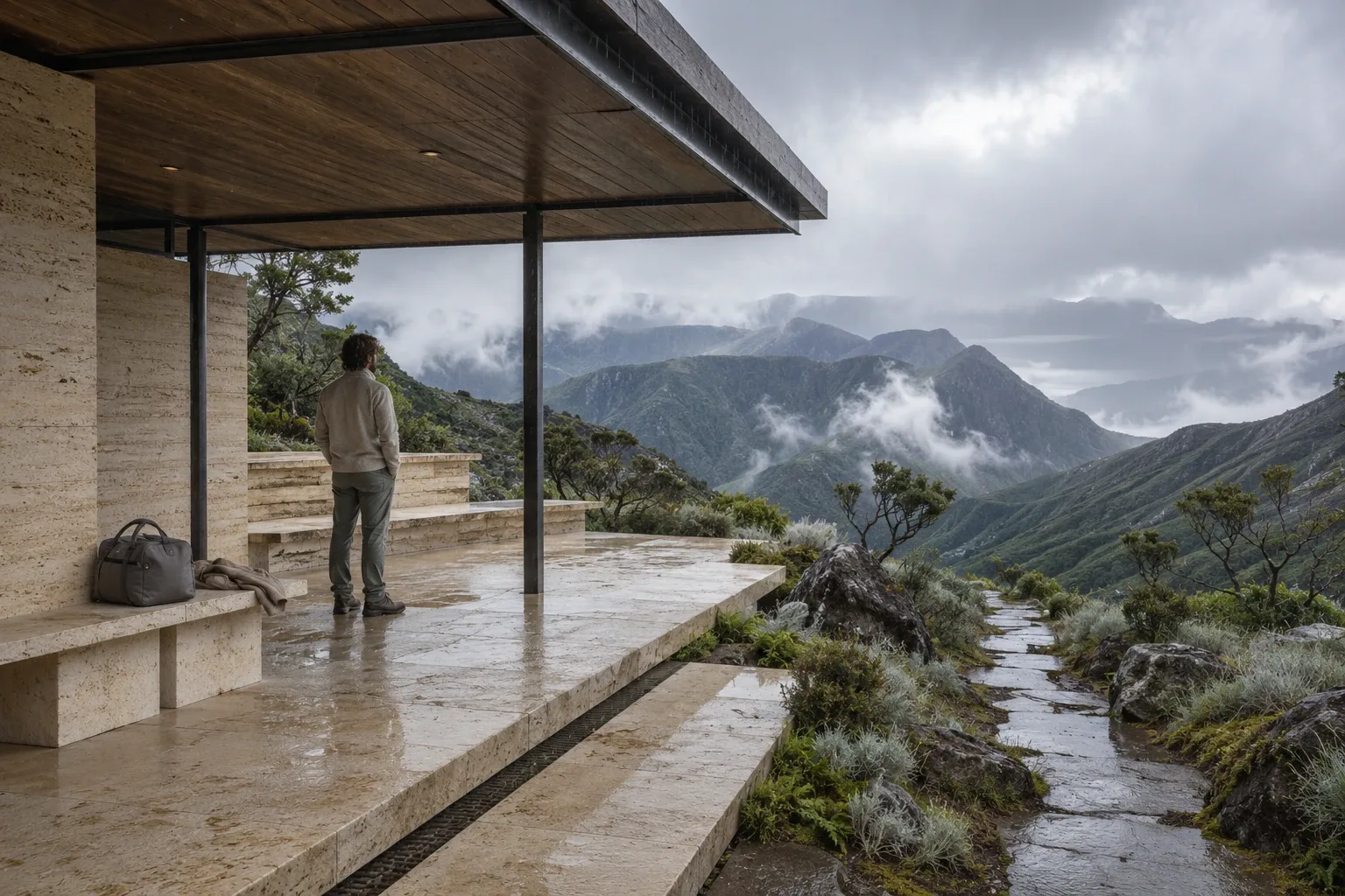 Anonymous traveler beneath a pale limestone mountain pavilion overlooking misty volcanic highlands during a gentle rainy morning.