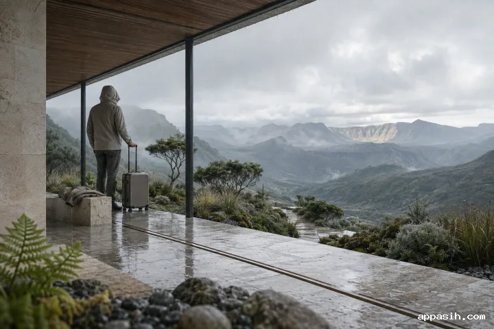 Closer low three-quarter view of an anonymous traveler and carry-on beneath a rain-swept limestone pavilion overlooking layered misty volcanic highlands.