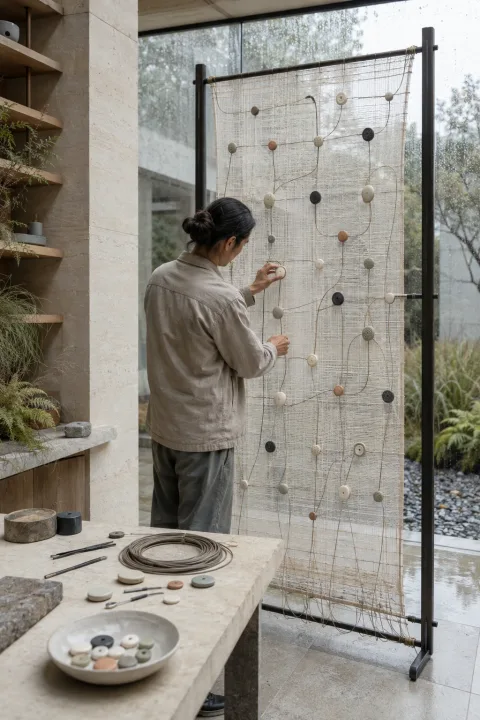 Anonymous engineer adjusting a ceramic node on a translucent flexible sensor mesh inside a rain-washed pale limestone technology conservatory.