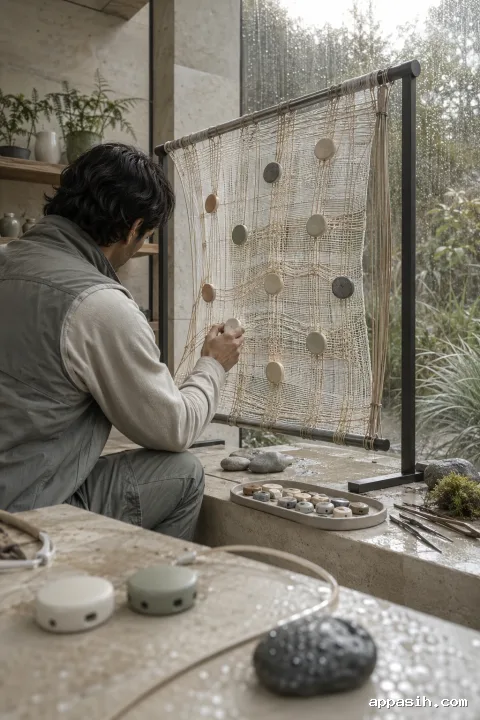 Closer low three-quarter view of an anonymous engineer rotating a ceramic sensing node into a translucent woven sensor mesh in a rainy limestone conservatory.