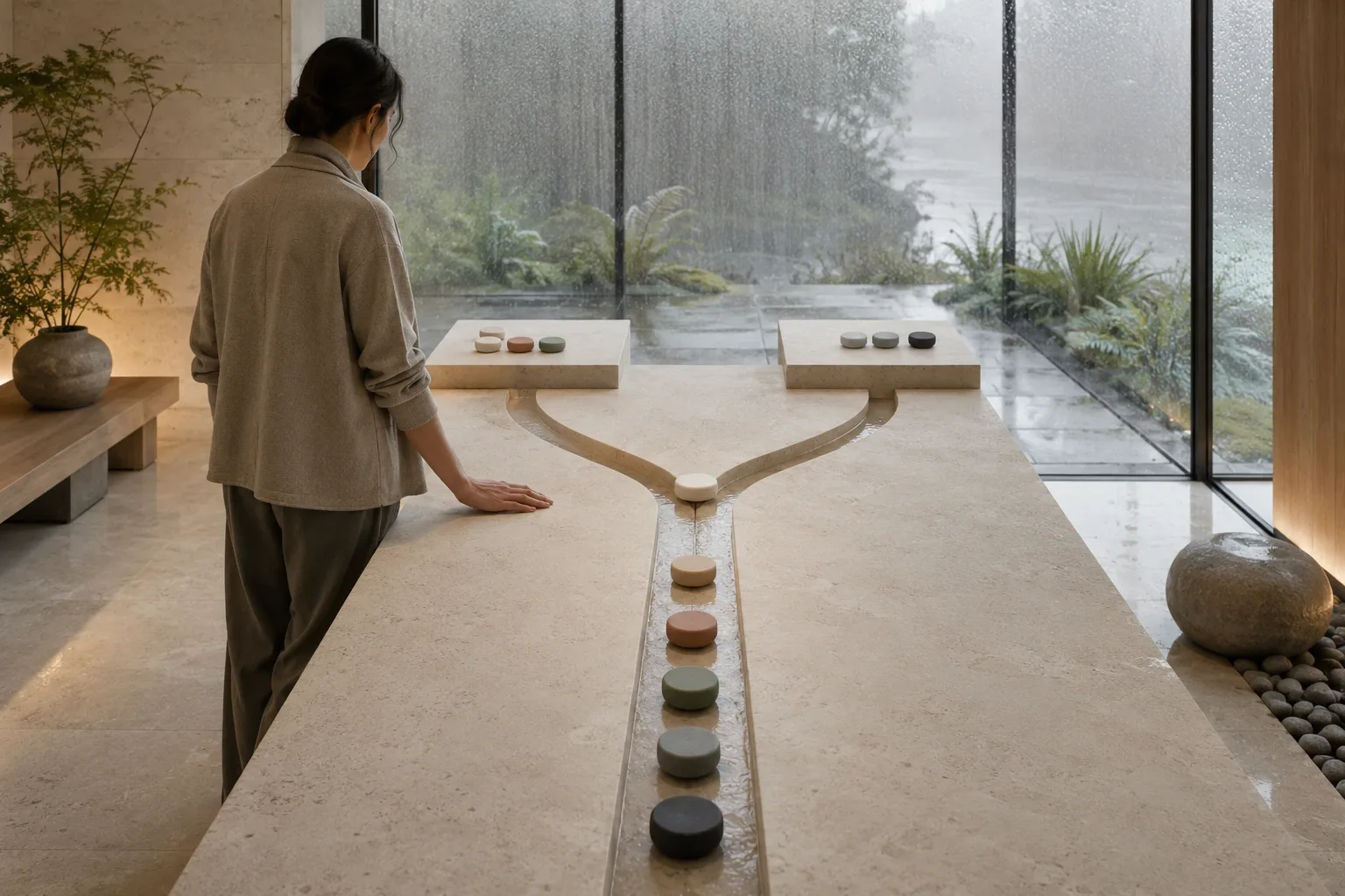 Anonymous strategy professional considers ceramic tokens at a branching limestone decision table inside a rain-lit glass conservatory, symbolizing opportunity cost and competing priorities.