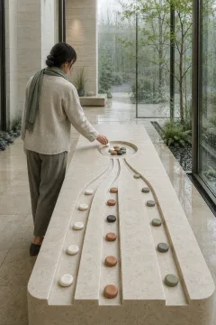 Anonymous strategy professional moving a ceramic token along converging stone channels toward a shared circular meeting point inside a rain-washed limestone conservatory, symbolizing consensus and negotiation.