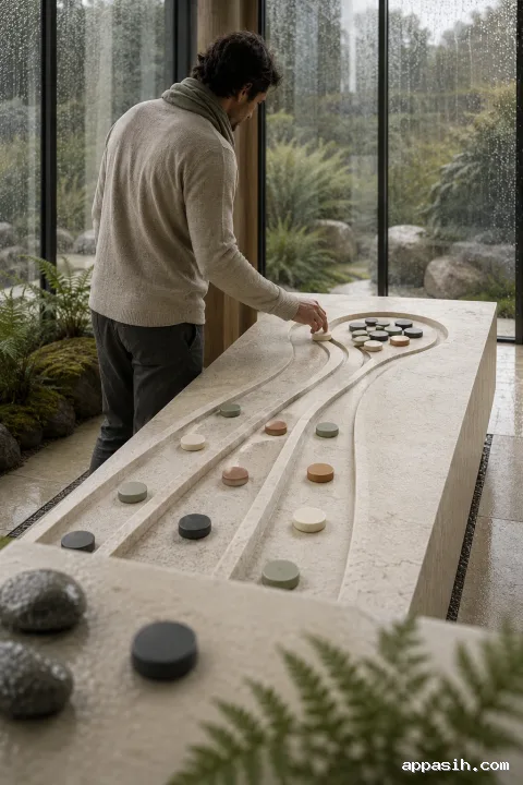 Closer three-quarter view of an anonymous professional guiding an ivory ceramic token along converging limestone channels toward a mixed central group in a rainy conservatory, representing negotiation and consensus.