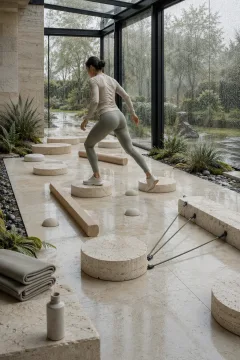 Anonymous athlete performing a controlled lateral balance drill across modular limestone stepping platforms inside a modern glass conservatory during a gentle rainy morning.