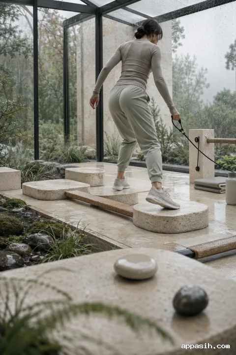 Close three-quarter view of an anonymous athlete transferring weight from a cork balance beam to a limestone stepping platform while holding a gently tensioned resistance cord in a rain-lit modern conservatory.