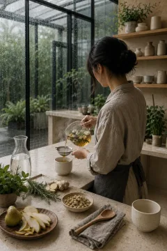 Anonymous botanical infusion artisan pouring a warm amber herbal drink into an ivory ceramic cup at a pale-limestone conservatory counter during a rainy morning.