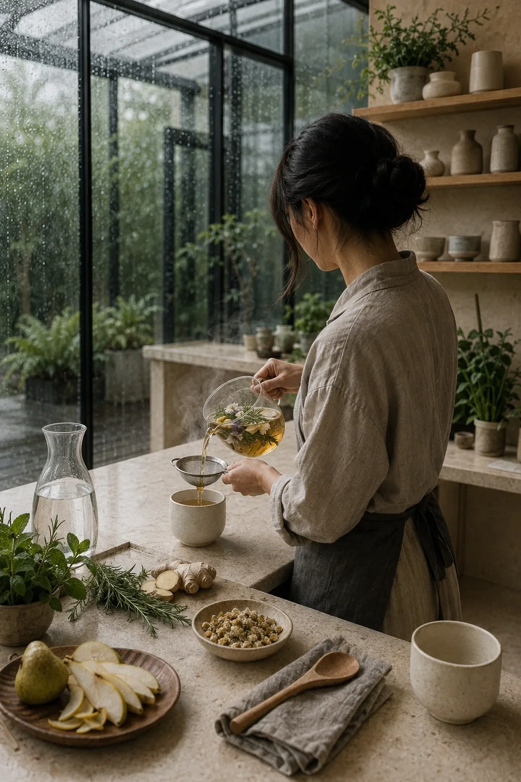 Anonymous botanical infusion artisan pouring a warm amber herbal drink into an ivory ceramic cup at a pale-limestone conservatory counter during a rainy morning.