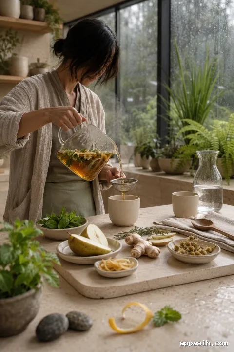 Close low three-quarter view of an anonymous infusion artisan finishing a warm amber botanical drink at a pale-limestone conservatory bar with herbs, pear, ginger, ceramic drinkware, and rain-beaded glass.