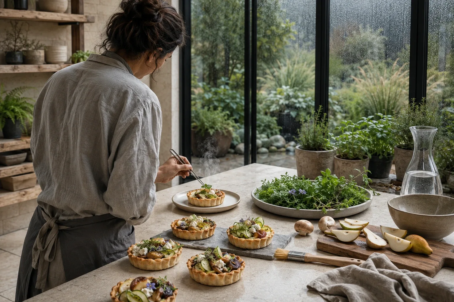 Anonymous pastry artisan arranging miniature savory vegetable and pear tarts on a pale limestone tasting counter inside a rain-washed glass conservatory.