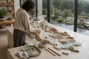 Anonymous adult learner exploring flowing water across a tactile ceramic watershed model on a limestone table inside a rain-washed glass conservatory.