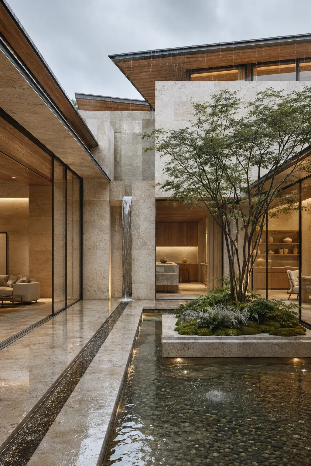 Portrait view of a contemporary pale-limestone courtyard house with folded roofs, rainwater channels, a vertical stone spillway, a multi-stem tree, and a reflecting basin during a soft morning shower.