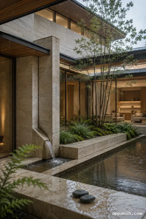 Close low three-quarter portrait view of a rain-responsive limestone courtyard residence with folded roofs, a stone spillway feeding narrow water channels, a multi-stem tree, rain-beaded glazing, and a reflective basin.