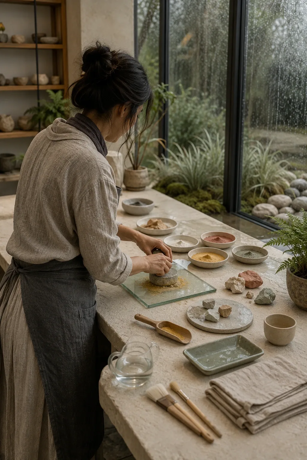 Anonymous artisan grinding natural mineral pigment at a pale limestone worktable inside a rain-soaked contemporary glass conservatory.