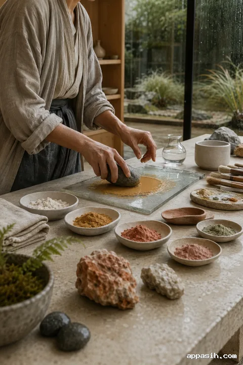 Close three-quarter portrait of an anonymous artisan lifting a stone muller above freshly ground ochre pigment in a rain-lit limestone conservatory workspace.