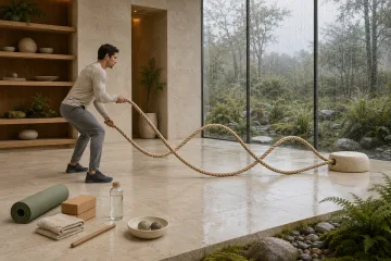 Anonymous athlete performing alternating natural-fiber rope waves in a pale limestone and glass conservatory during a gentle rainy morning.