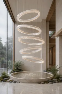 Portrait abstract installation of six translucent mineral-glass rings carrying rainwater above a shallow limestone basin inside a serene glass conservatory.