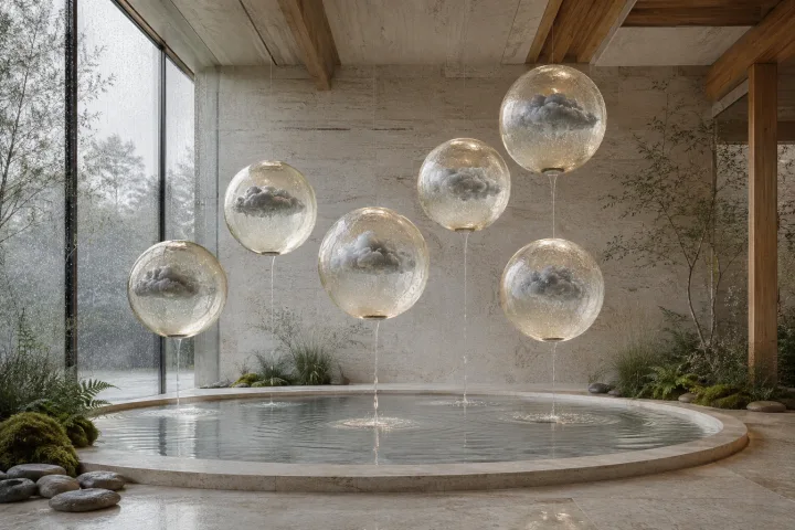 Six translucent mineral-glass spheres containing miniature rainclouds float above a limestone reflecting basin inside a serene rain-soaked conservatory.