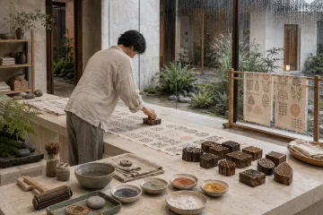 Anonymous artisan hand-printing natural linen with carved wooden blocks and muted mineral pigments in a rain-washed limestone heritage craft courtyard.