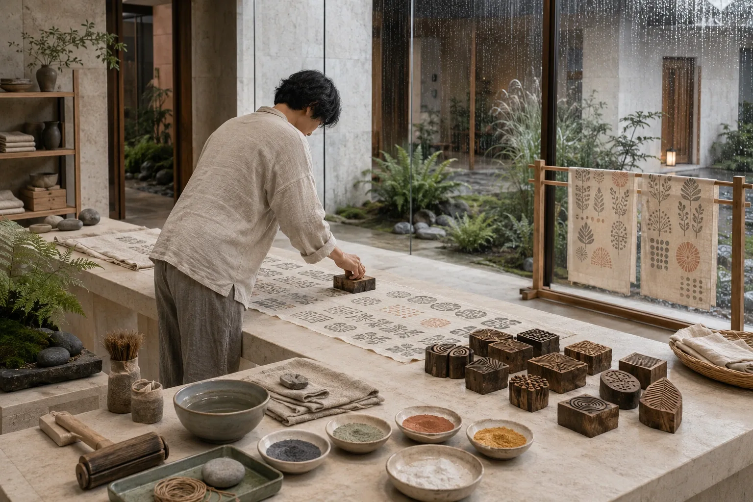 Anonymous artisan hand-printing natural linen with carved wooden blocks and muted mineral pigments in a rain-washed limestone heritage craft courtyard.
