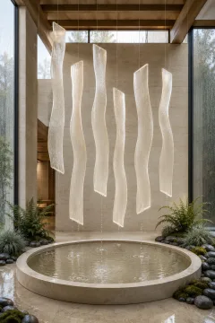 Portrait abstract installation of seven translucent mineral-glass ribbons carrying thin rainwater films above a shallow limestone basin inside a serene rain-washed conservatory.