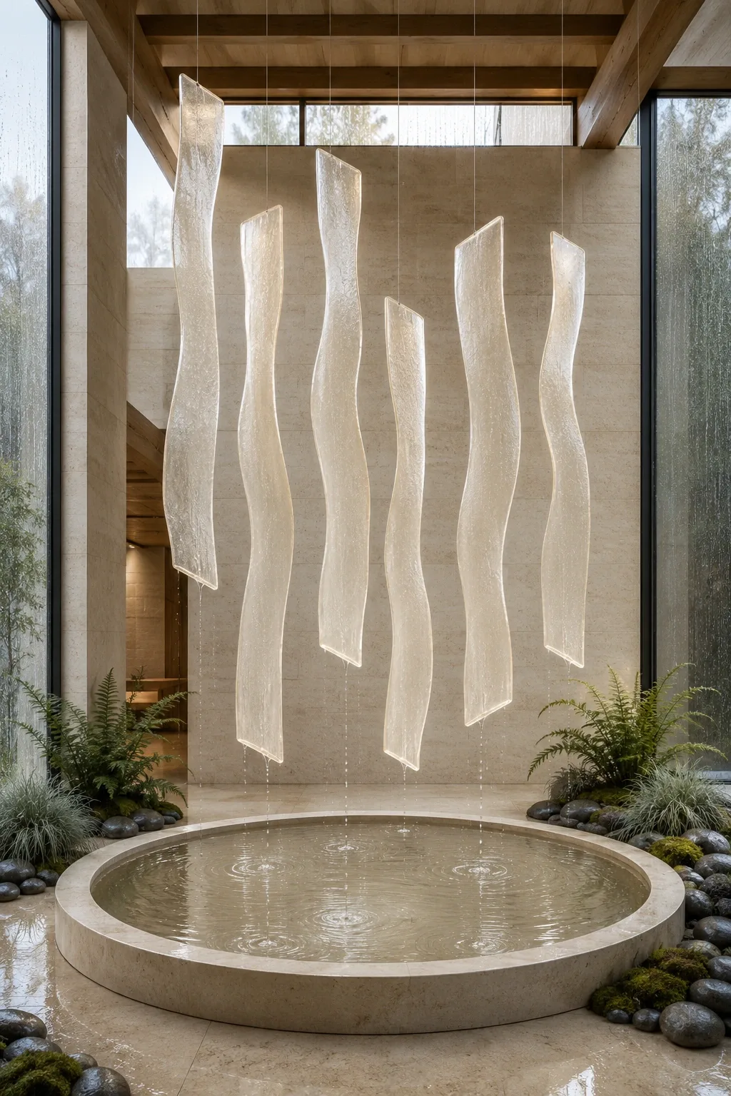 Portrait abstract installation of seven translucent mineral-glass ribbons carrying thin rainwater films above a shallow limestone basin inside a serene rain-washed conservatory.