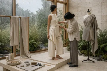 Anonymous model in a sculptural warm-ivory pleated linen ensemble while a stylist adjusts the garment inside a rainy limestone and glass fashion atelier.