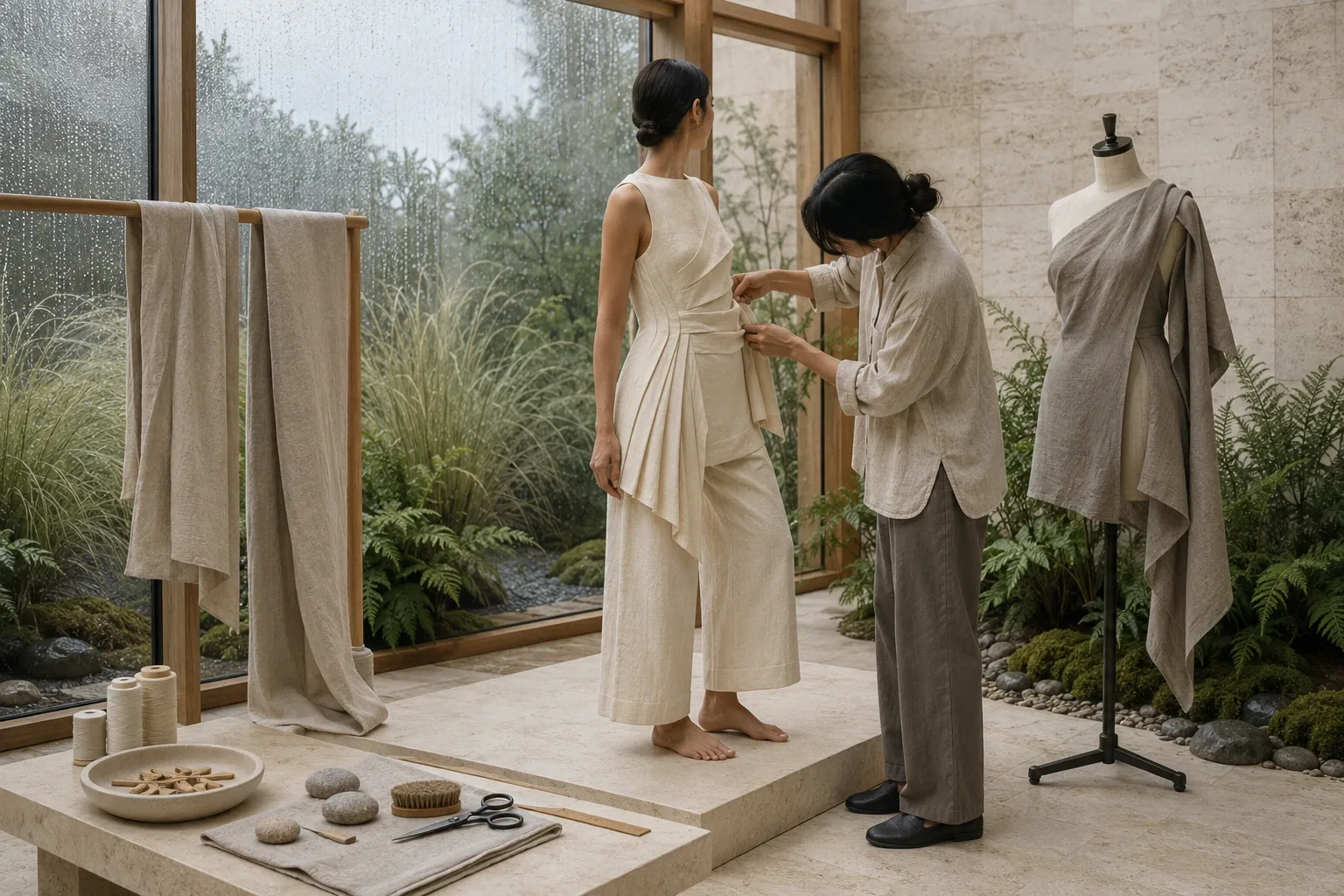 Anonymous model in a sculptural warm-ivory pleated linen ensemble while a stylist adjusts the garment inside a rainy limestone and glass fashion atelier.